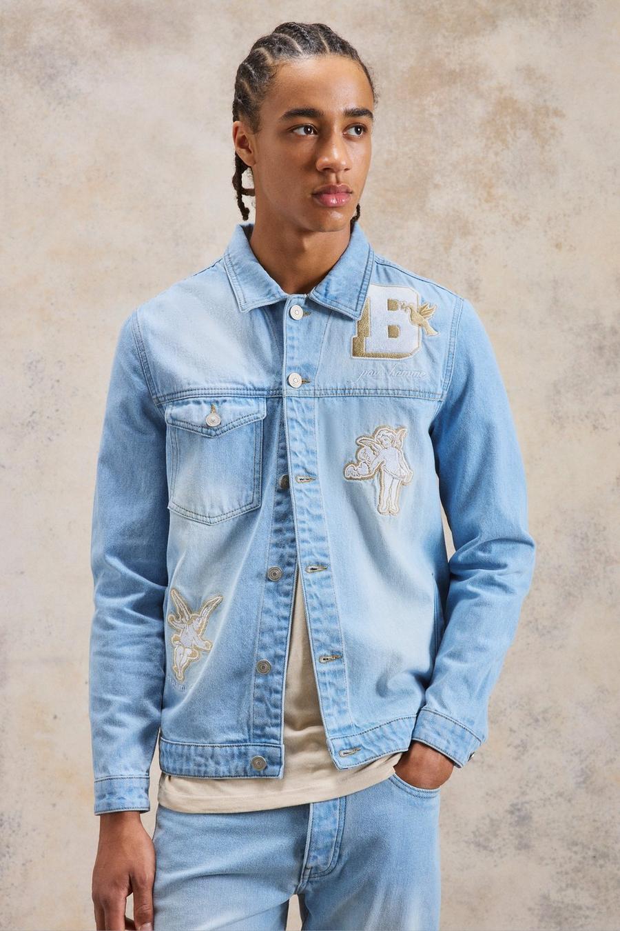 Ice blue Applique And Embroidered Denim Jacket image number 1