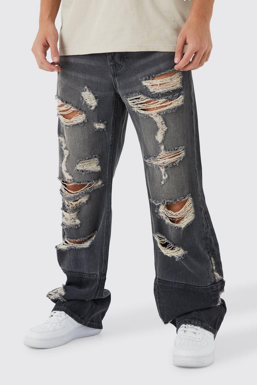Grey Relaxed Rigid Flare All Over Ripped Jeans image number 1