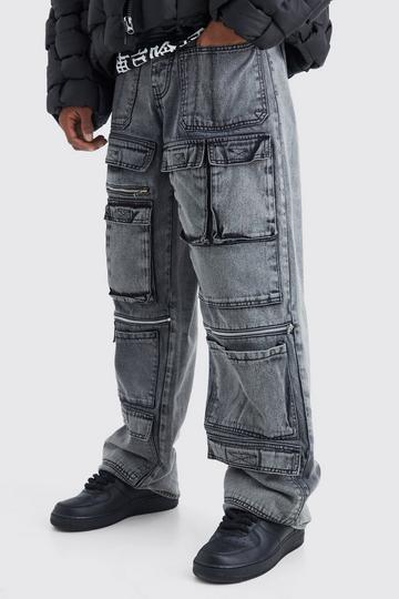 Baggy Rigid Multi Pocket Cargo Jeans washed black