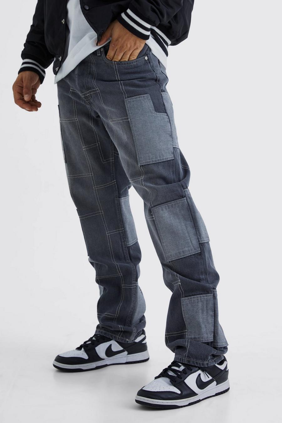 Jeans rilassati in denim rigido effetto patchwork, Light grey image number 1