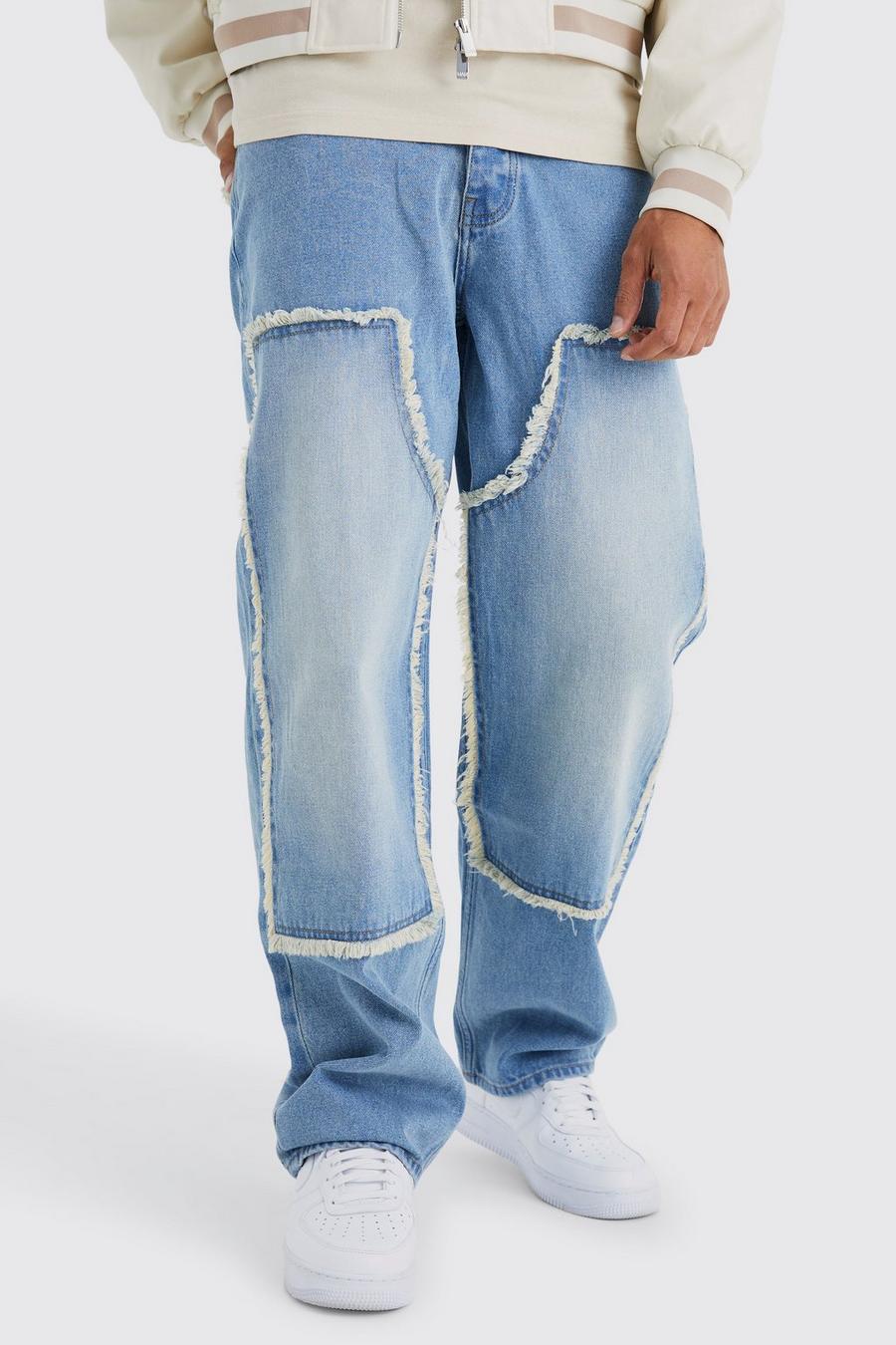 Antique blue Baggy Rigid Stacked Frayed Worker Panel Jeans
