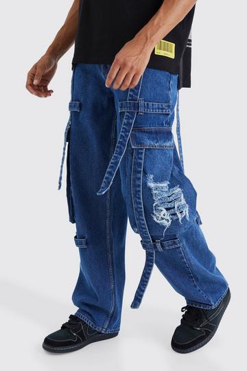 Baggy Rigid Strap Detail Distressed Cargo Jeans mid blue