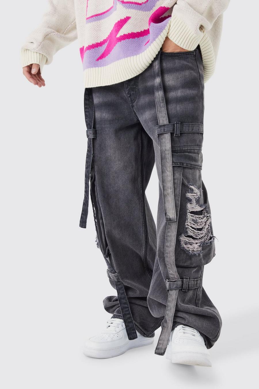 Purple Baggy Rigid Strap Detail Distressed Cargo Jeans image number 1