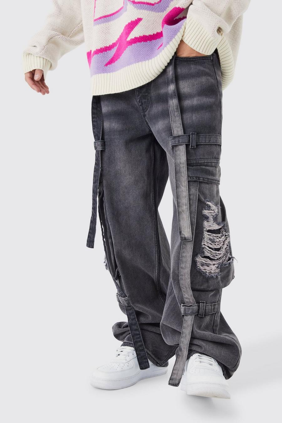 Baggy Rigid Strap Detail Distressed Cargo Jeans | boohoo USA Baggy Rigid Strap Detail Distressed Cargo Jeans | boohoo USA