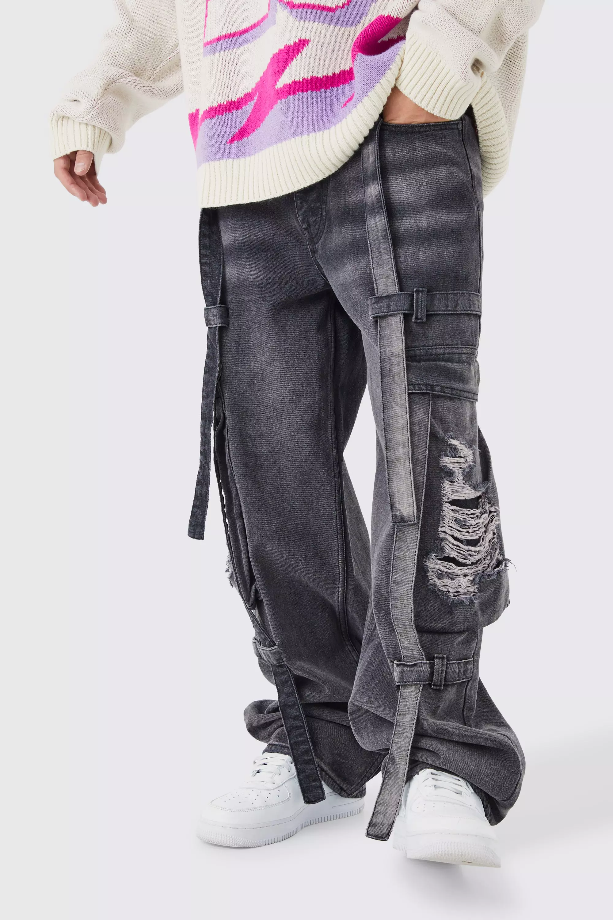 Strapped denim cargo pants deals