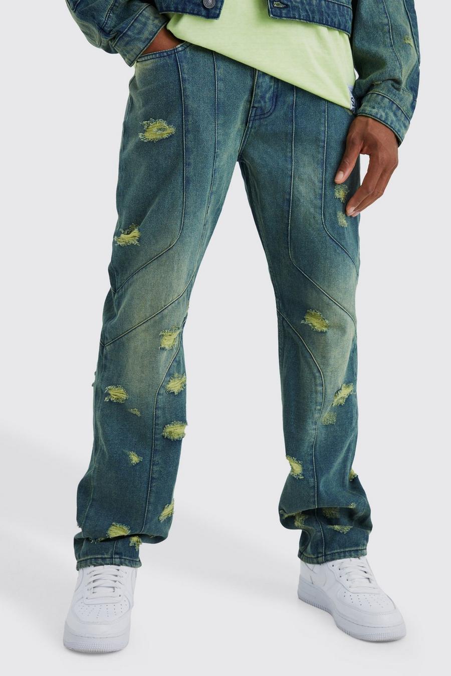 Jeans rilassati con pannelli rigidi e smagliature, Green