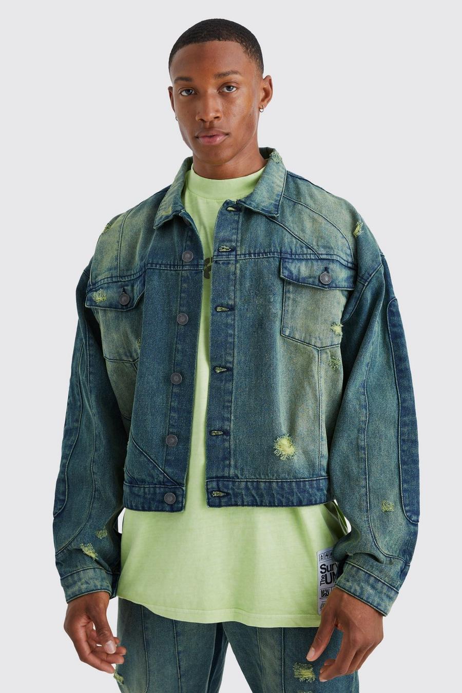 Green Boxy Fit Panelled Tinted Denim Jacket image number 1