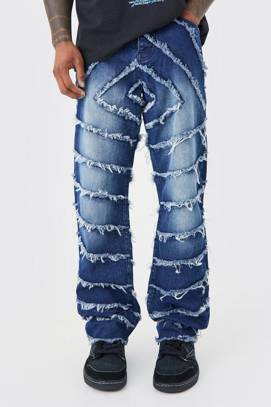 Jeans rilassati in denim rigido con fondo sfilacciato, Indigo azzurro