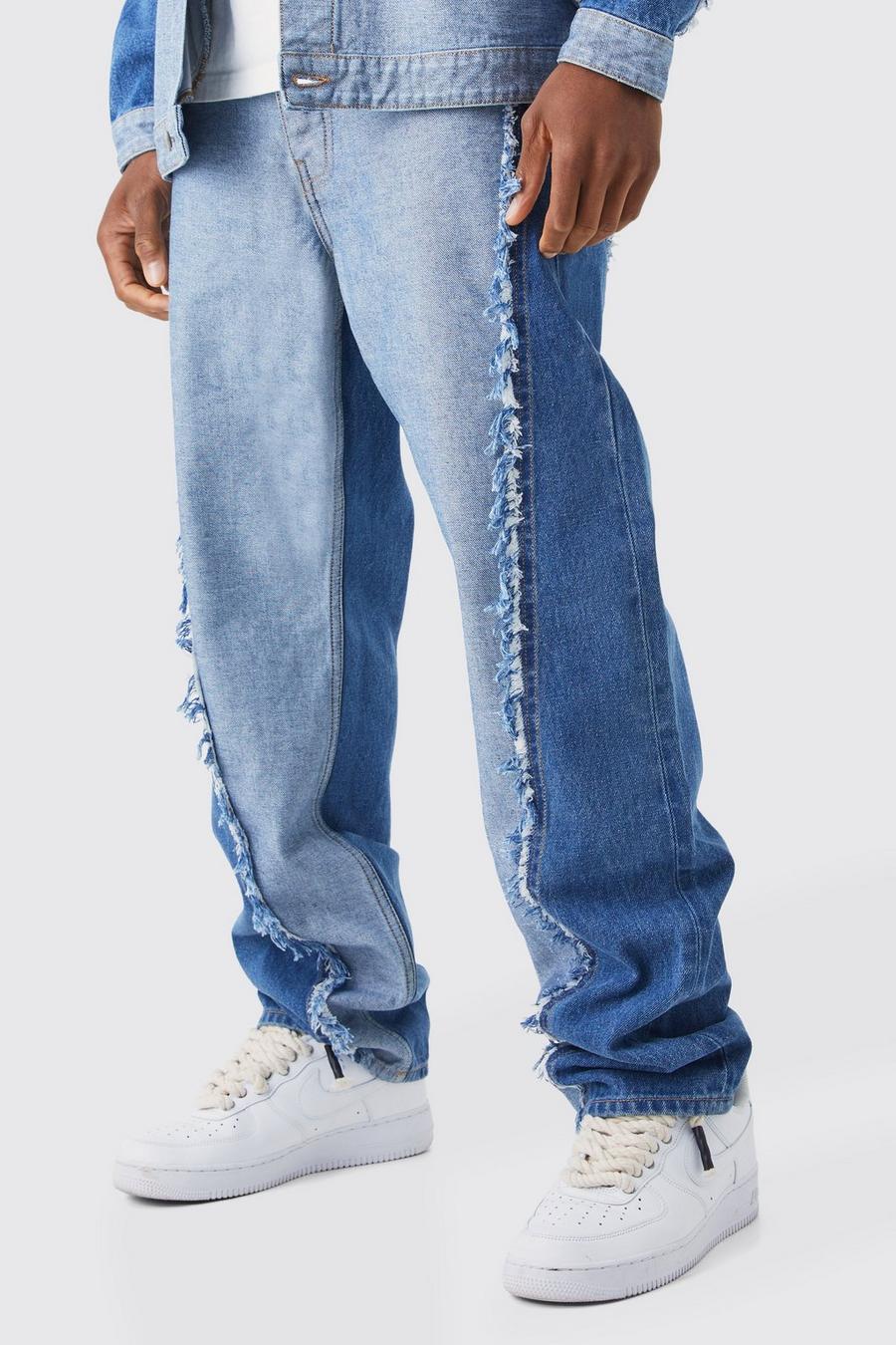 Jeans rilassati in denim rigido effetto patchwork con fondo sfilacciato, Mid blue