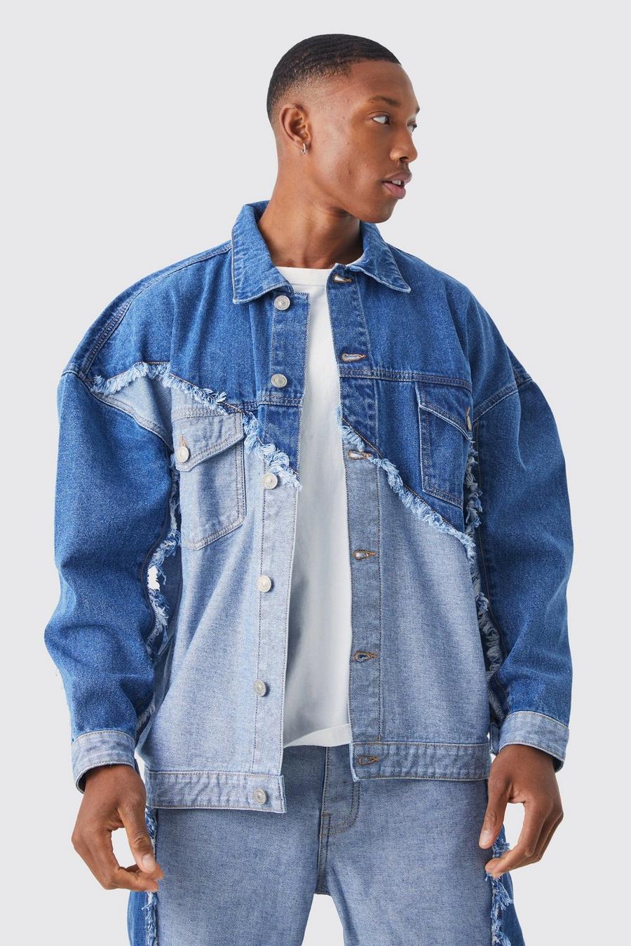 Mid blue Oversized Spliced Frayed Edge Denim Jacket image number 1