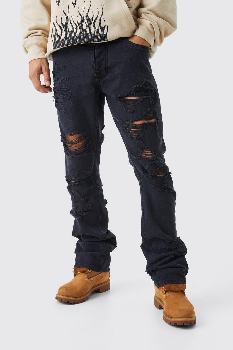 Washed black Slim Rigid Flare Self Fabric Applique Official Jeans