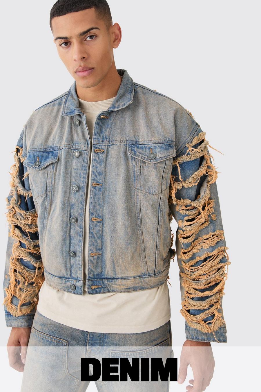 Antique wash bleu Boxy Fit Extreme Ripped Denim Jacket