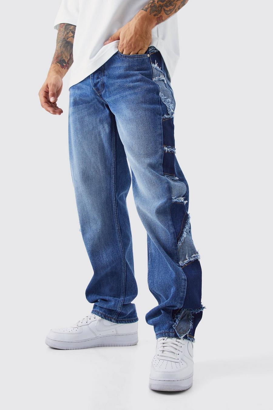Mid blue Onbewerkte Baggy Jeans Met Patches En Zijpaneel