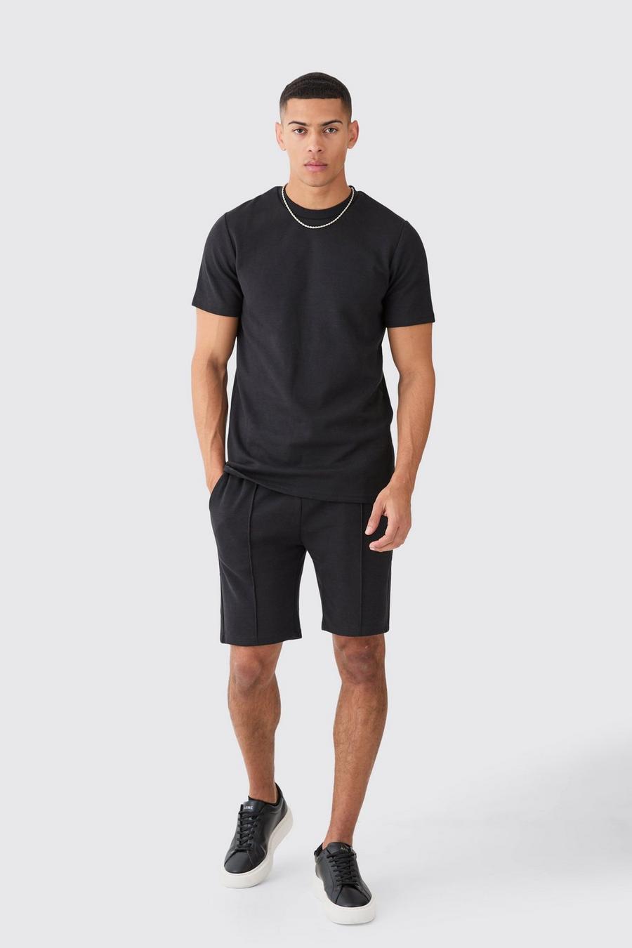 Black Verweven Slim Fit T-Shirt En Shorts Set image number 1