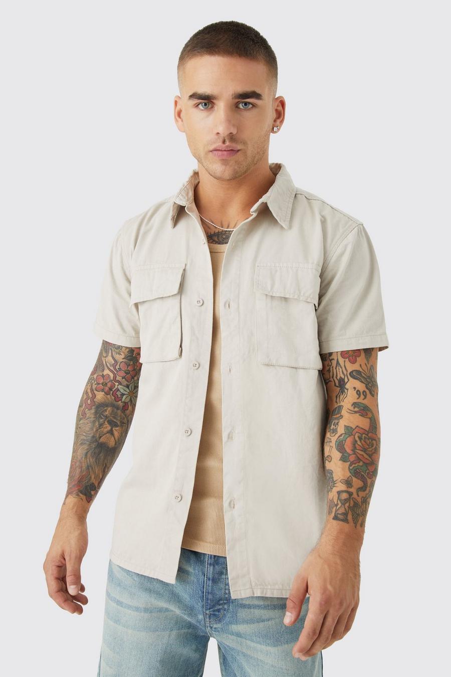 Ecru white Short Sleeve Twill Utility Overshirt