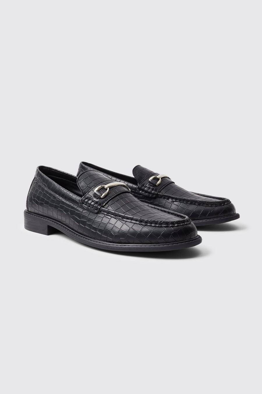 Black Faux Leather Croc Snaffle Loafers