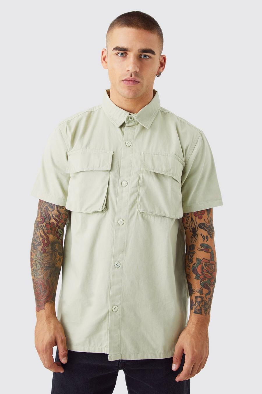 Sage green Short Sleeve Twill Utility Overshirt