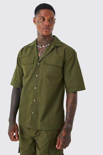 Khaki Short Sleeve Drop Revere Ripstop Utility Overshirt