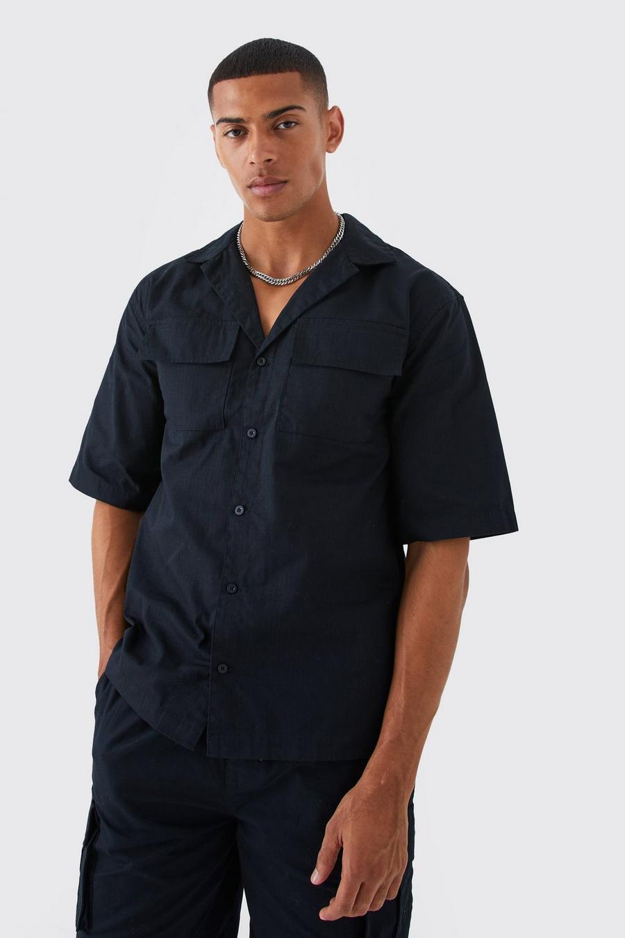 Black Short Sleeve Drop Revere Ripstop Utility Overshirt