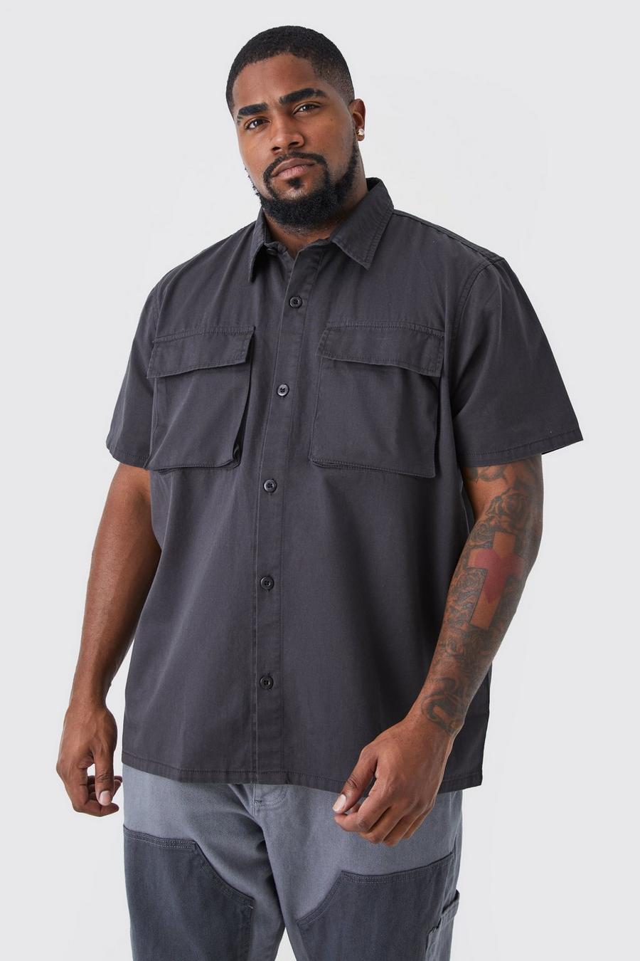 Charcoal grey Plus Short Sleeve Twill Utility Overshirt