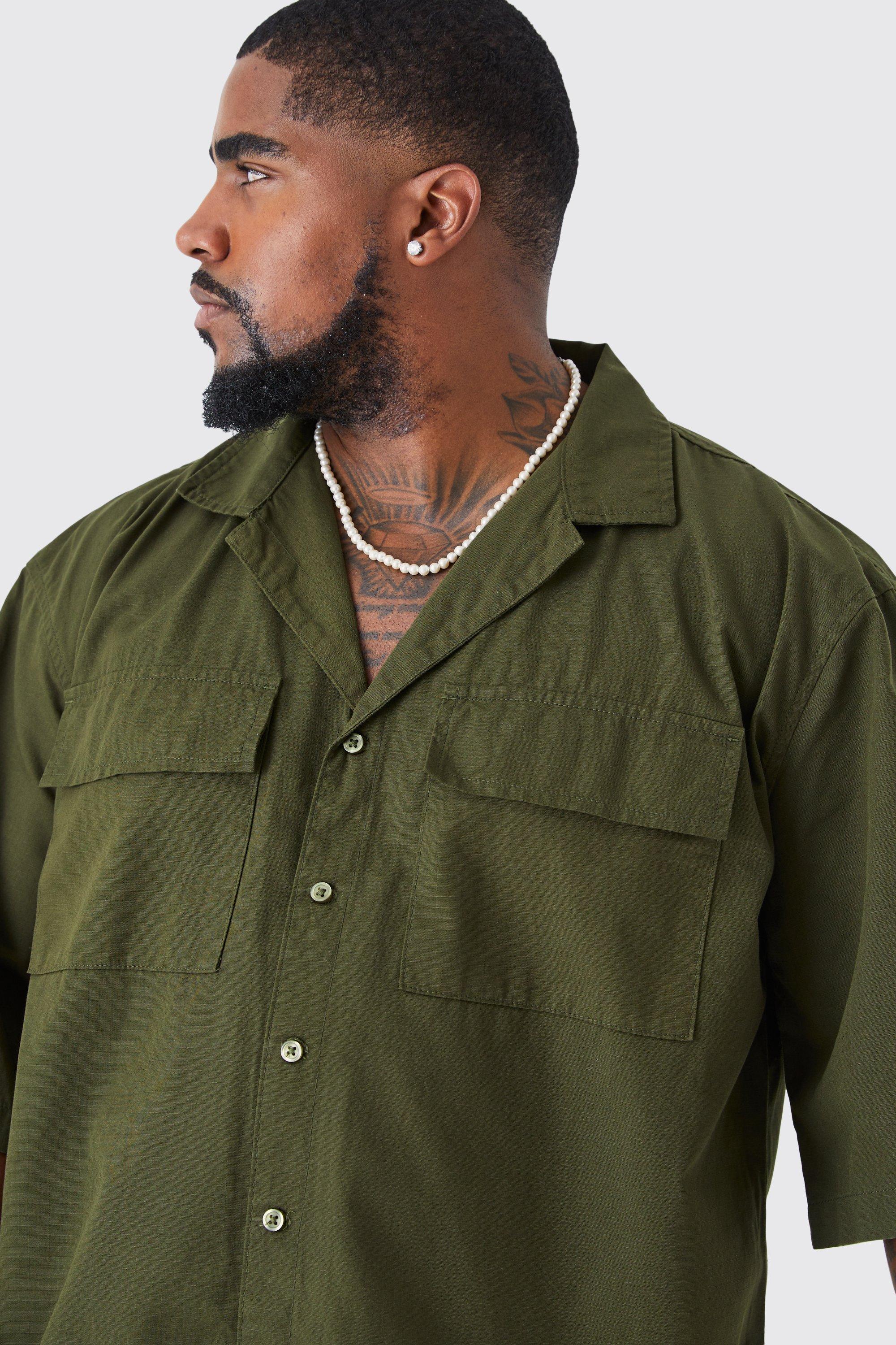 Plus Short Sleeve Drop Revere Ripstop Utility Overshirt