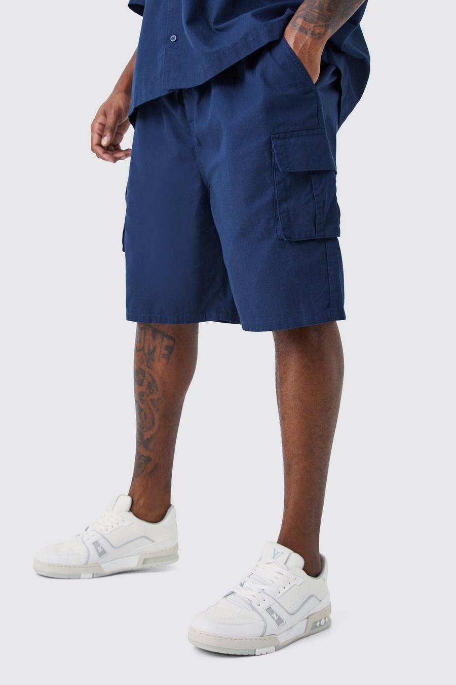 Pantalón corto Plus cargo holgado con cintura elástica y costuras antidesgarros, Navy blu oltremare