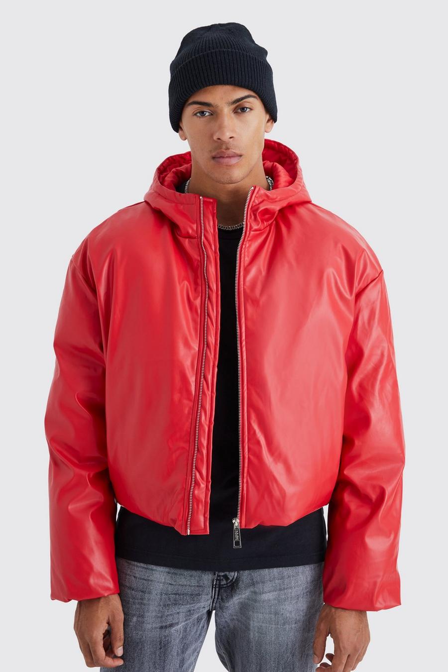 Red Boxy Pu Padded Hooded Puffer image number 1