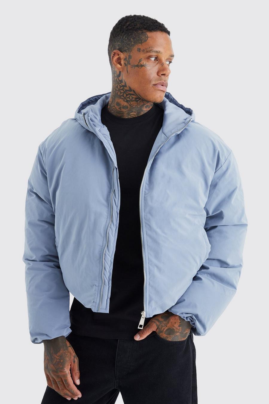 Blue Boxy Peached Nylon Hooded Puffer image number 1