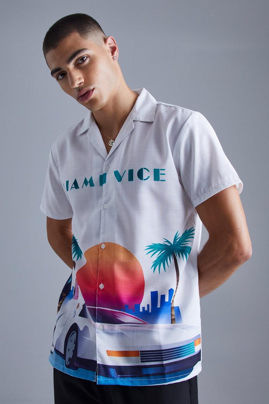 White Miami Vice Overhemd Met Korte Mouwen En Revers Kraag image number 1