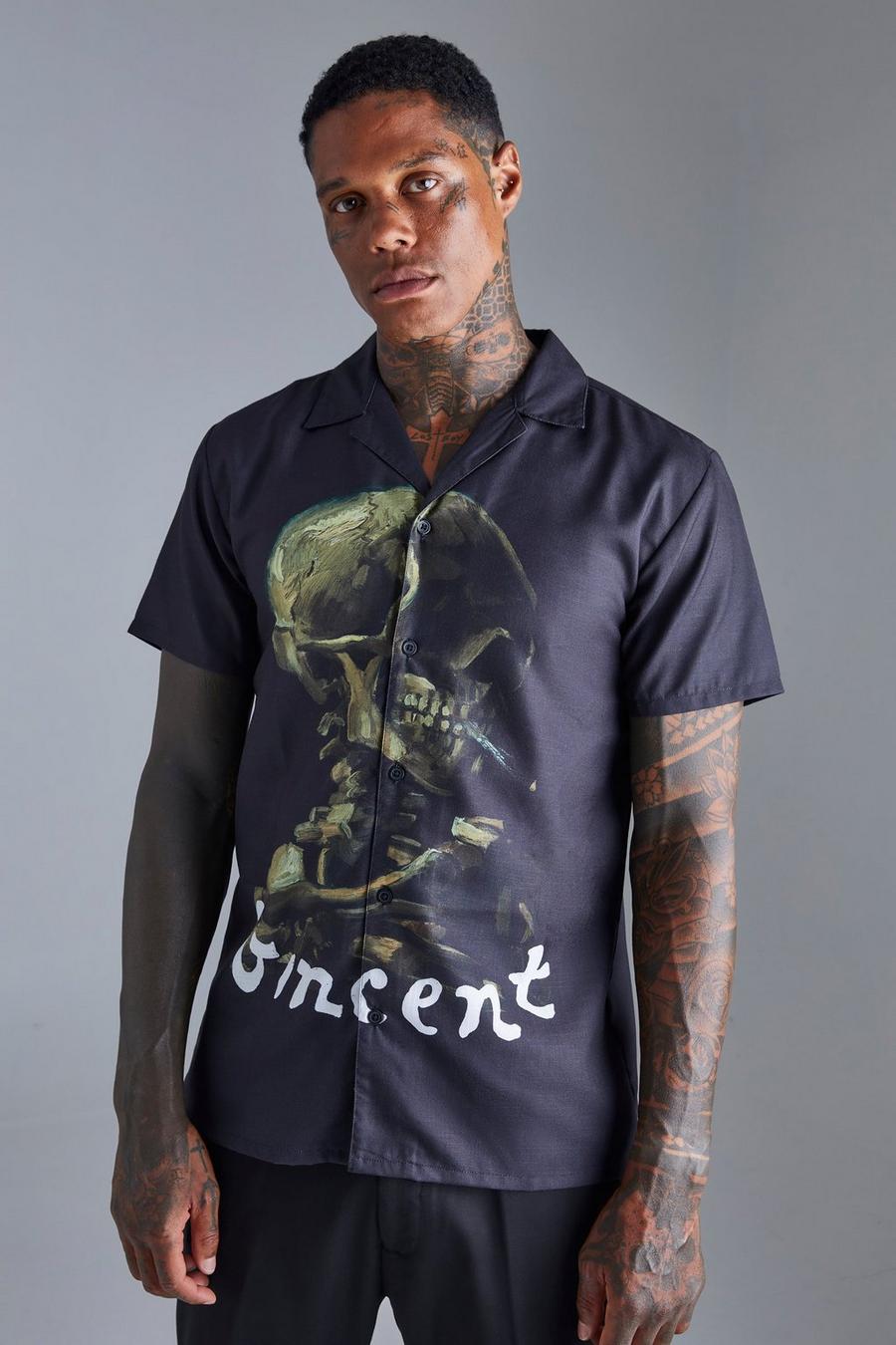 Black schwarz Short Sleeve Vincent Van Gogh Revere Shirt