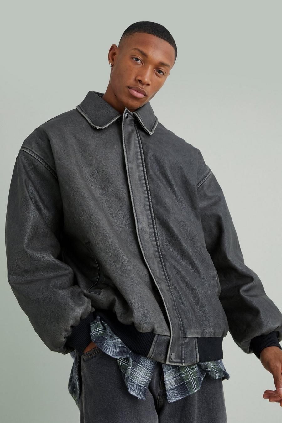 Chaqueta bomber oversize de cuero sintético desgastada con panel, Charcoal