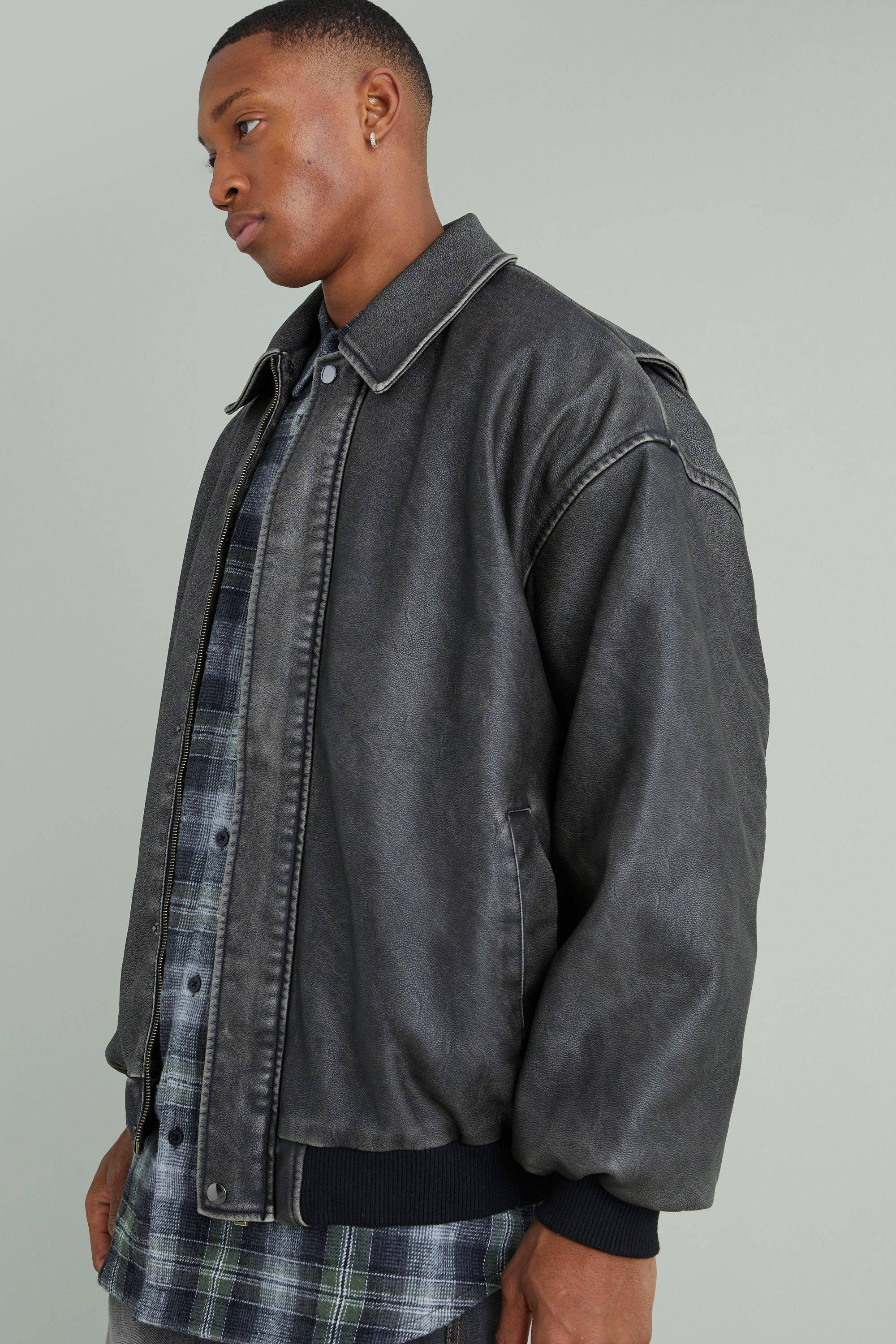 Oversized Distressed PU Bomber Jacket With Panel boohoo