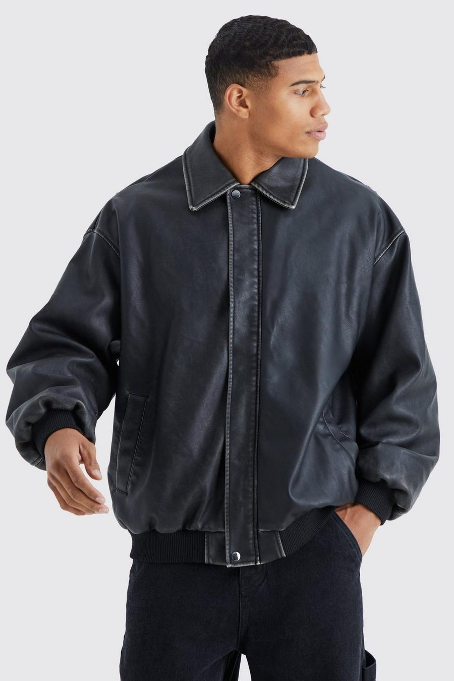 Black Oversized Distressed Pu Bomber With Panel