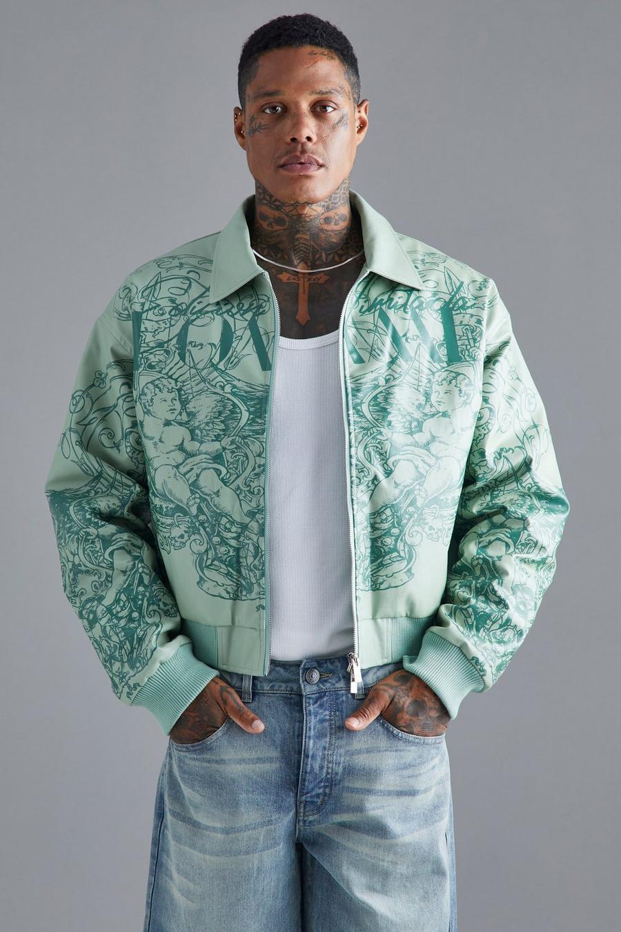 Mint Boxy Printed Pu Collared Bomber image number 1