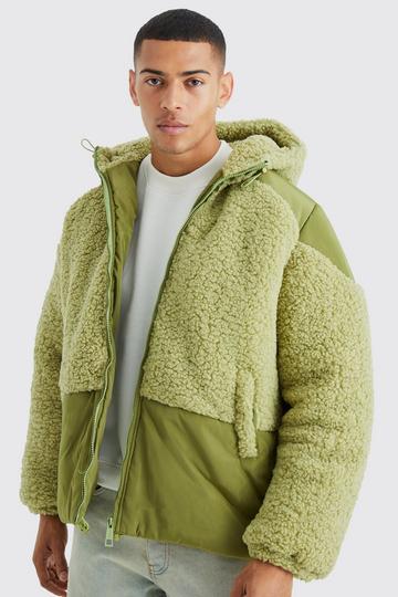 Sage Green Borg & Nylon Mix Puffer