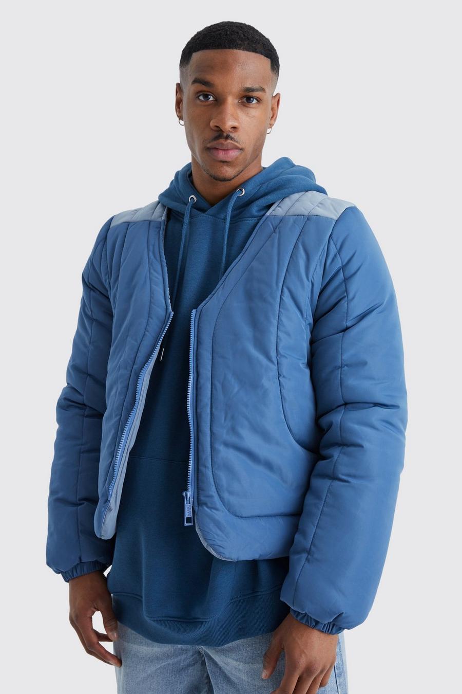 Blue Boxy Curved Quilted Puffer  image number 1