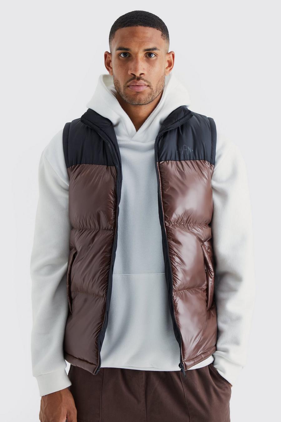 Chocolate Tall Glanzende Color Block Man Bodywarmer image number 1