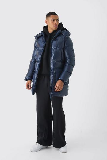 High Shine & Nylon Mid Length Puffer navy