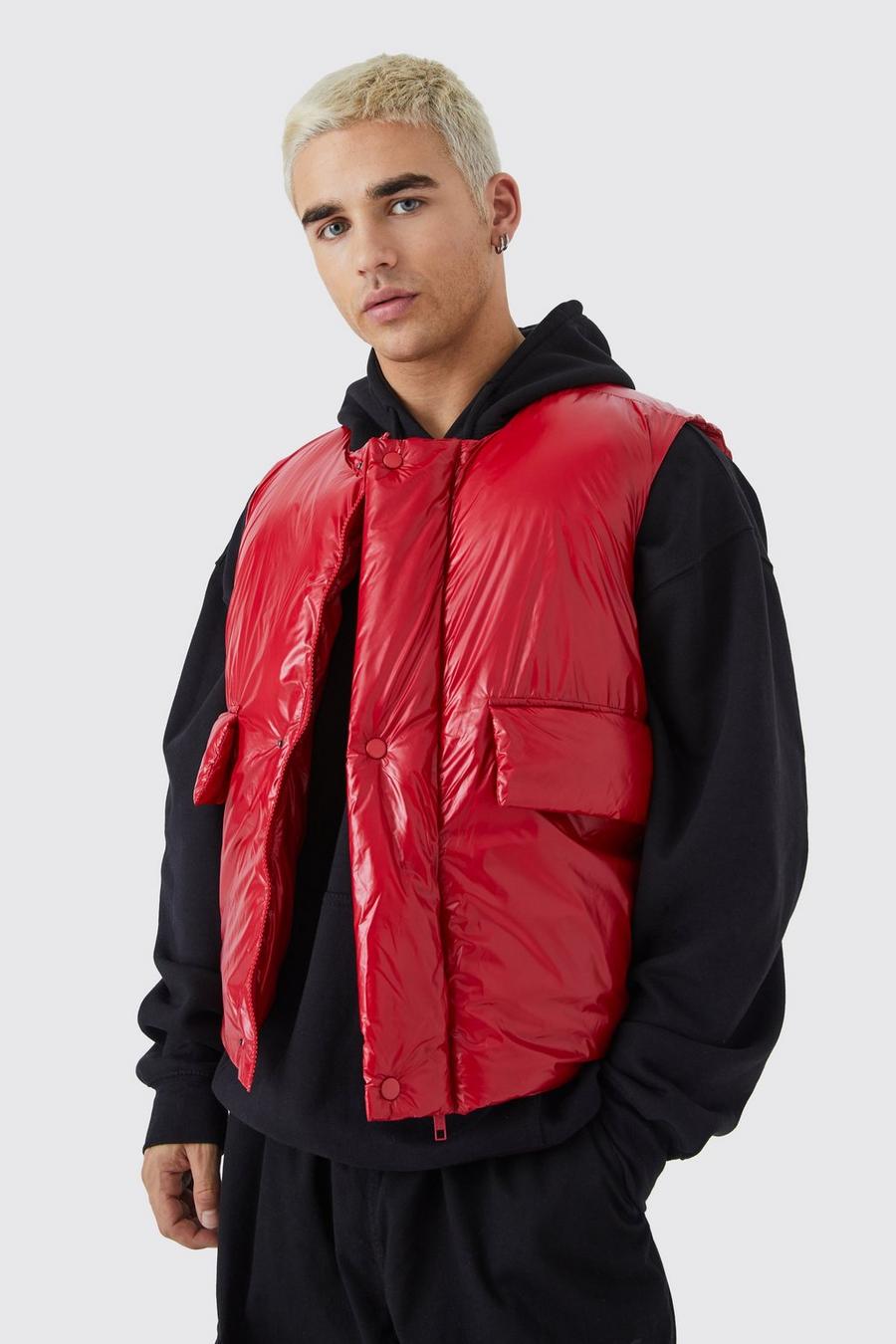 Red Boxy High Shine Padded Gilet image number 1