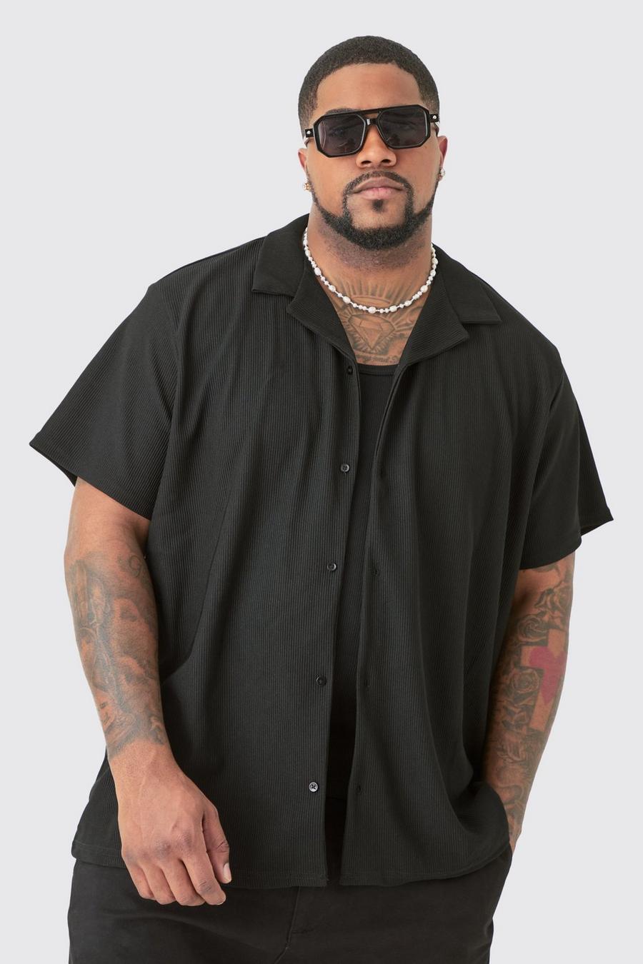 Camicia Plus Size a maniche corte in jersey a coste con rever, Black image number 1