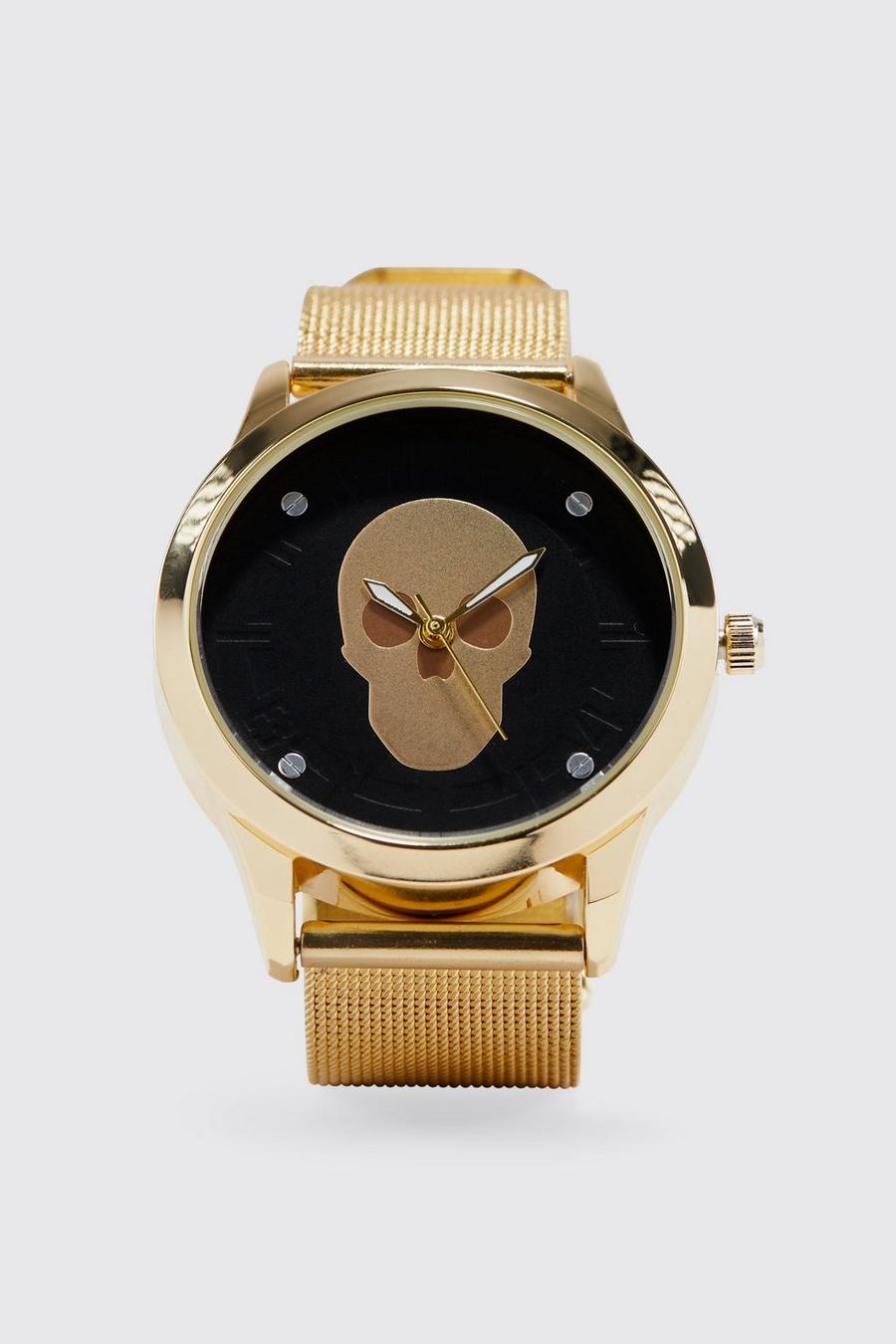 Gold metallic Skeleton Print Mesh Strap Watch