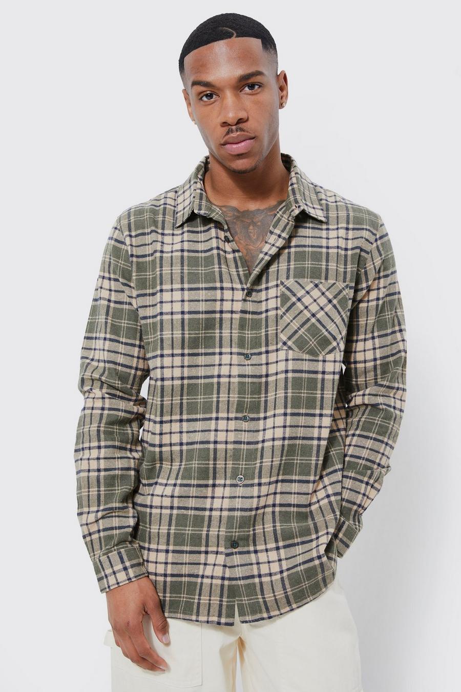 Brown brun Long Sleeve Flannel Grid Check Shirt
