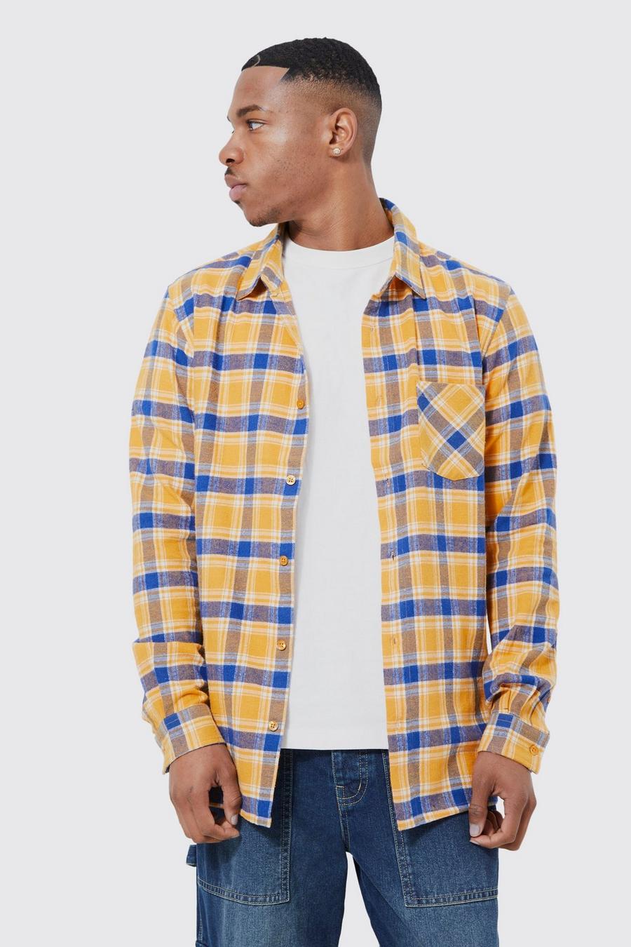 Yellow Long Sleeve Grid Flannel Check Shirt
