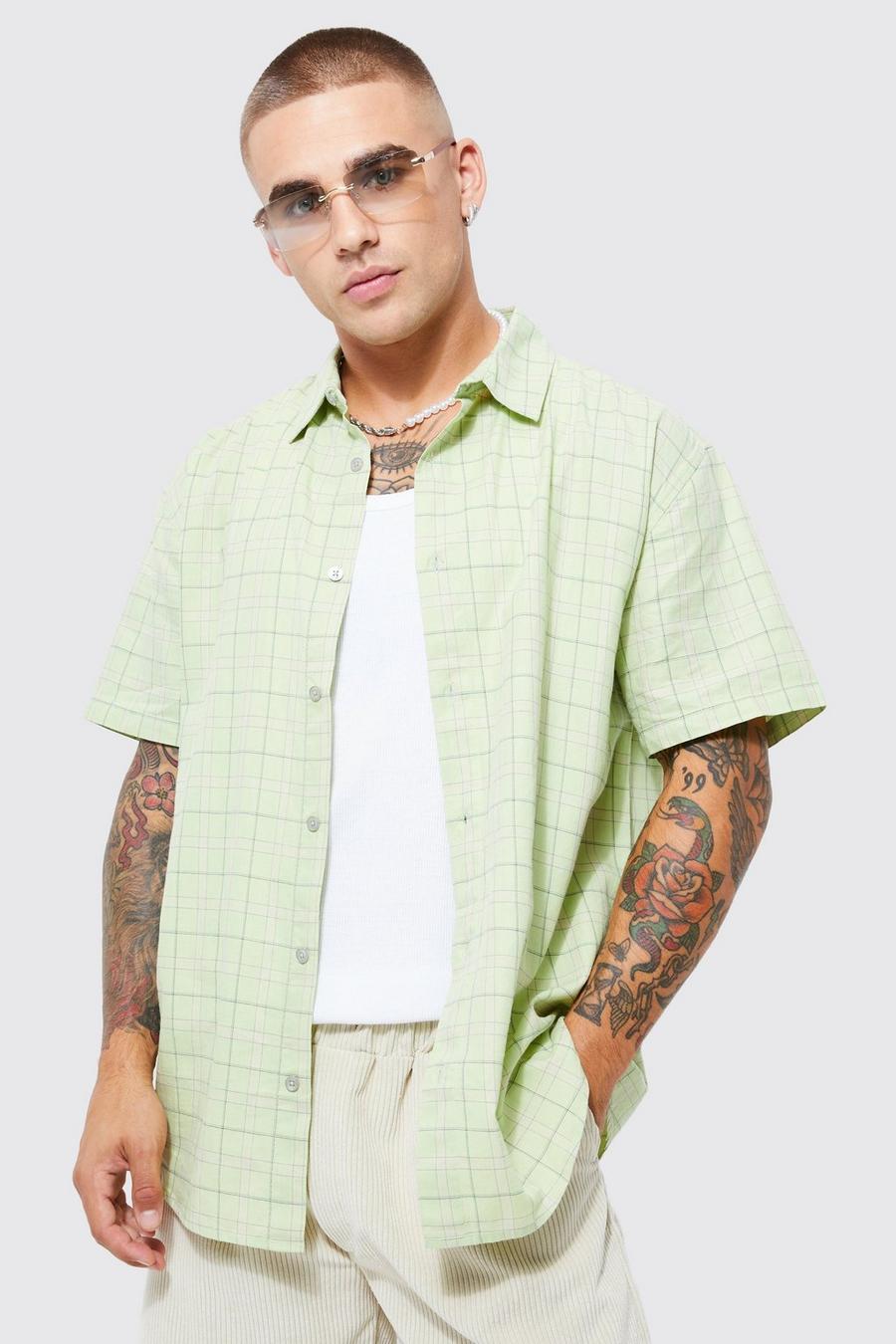Camisa oversize de manga corta ligera con estampado de cuadros, Lime image number 1