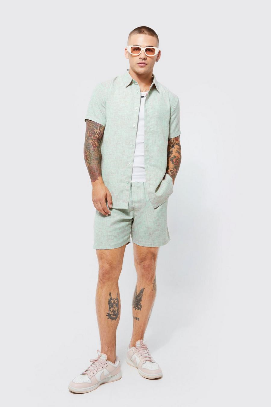 Kurzärmliges Kontrast Leinen-Hemd & Shorts, Teal green