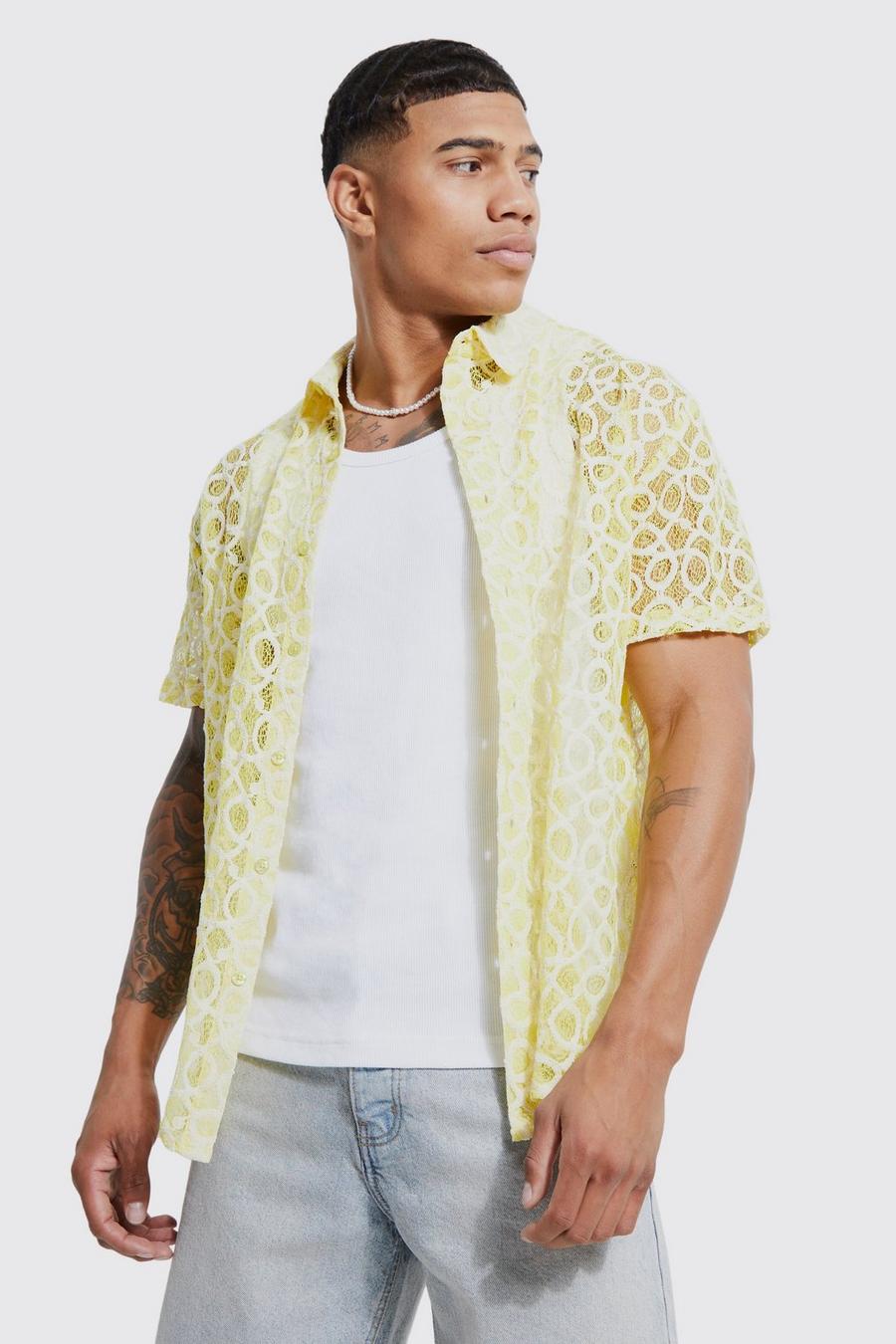 Yellow Short Sleeve Contrast Geo Lace Shirt image number 1