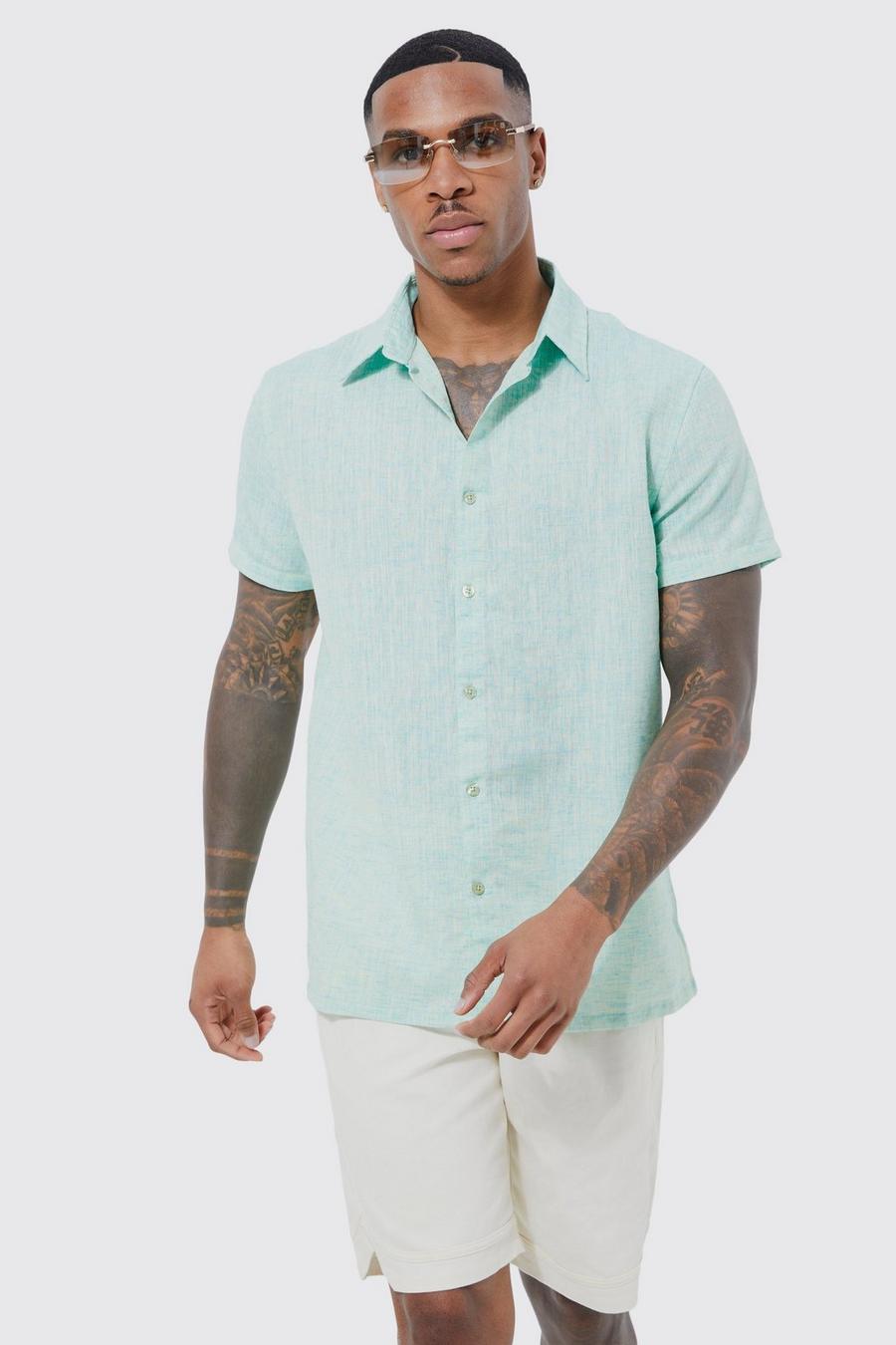 Teal green Short Sleeve Contrast Linen Look Slub Shirt