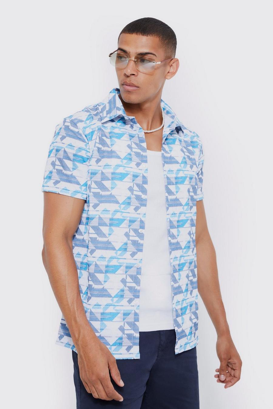 Blue Short Sleeve Textured Aztec Shirt