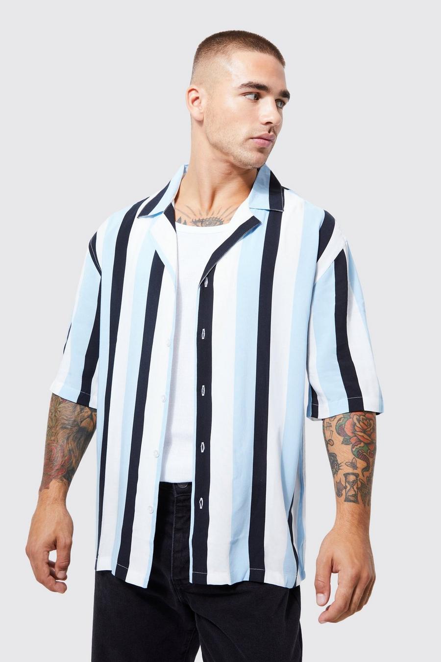 Pale blue Short Sleeve Viscose Pastel Stripe Shirt