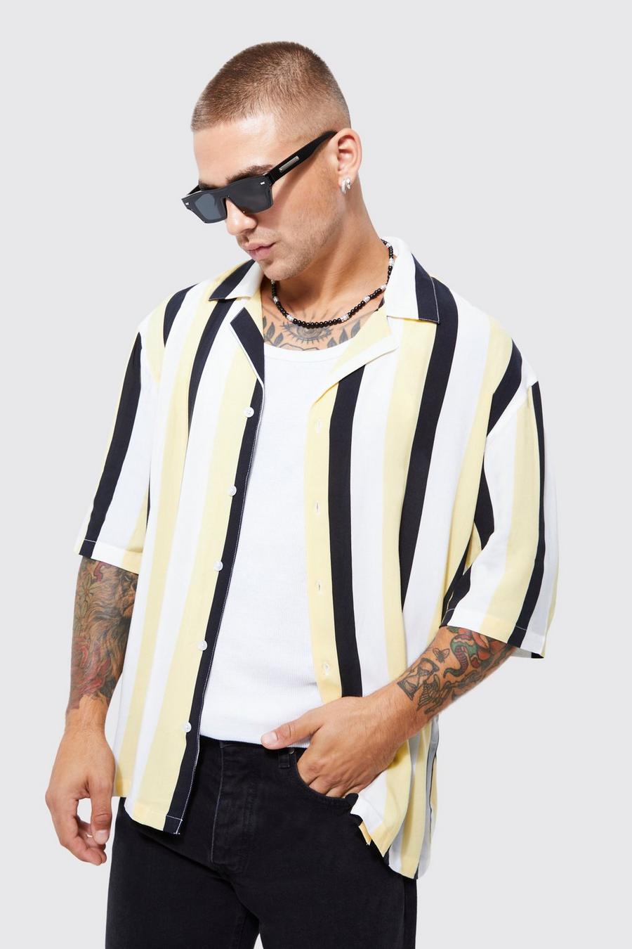 Yellow Short Sleeve Viscose Pastel Stripe Shirt